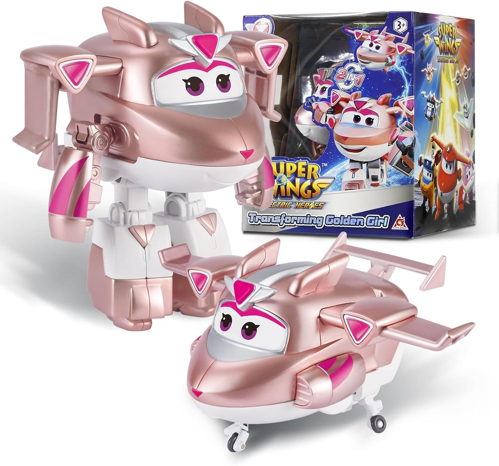 Avion de transformation Super Wings, voyageur suralimenté, env. Grande figurine de jeu pour enfants de 12,7 cm, jouet avion et robot pour garçons et filles de plus de 3 ans, figurines d'action argentées Naty Shop Gold Girl