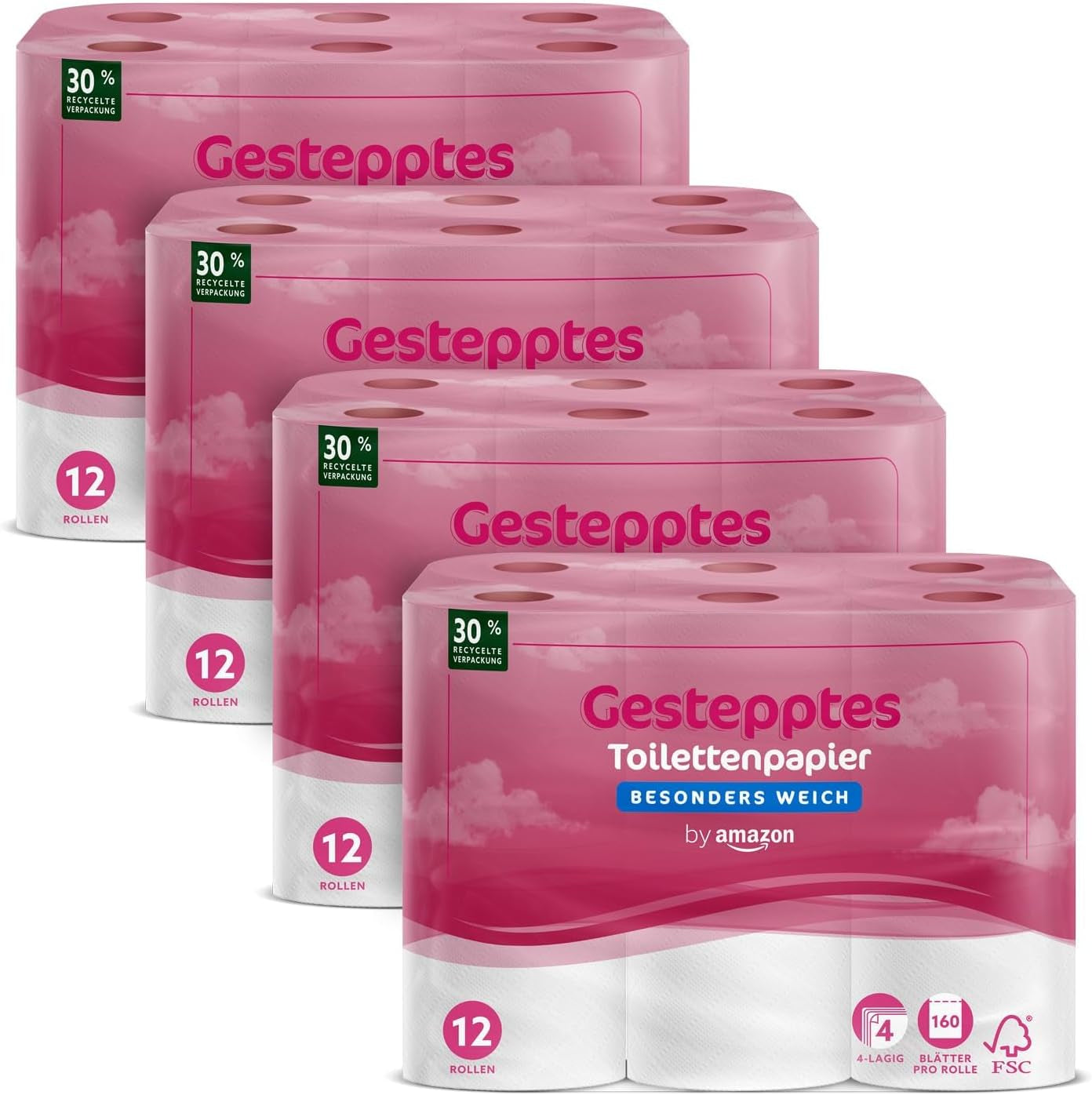 By Amazon Papier toilette matelassé 4 épaisseurs, extra doux, 48 rouleaux (12 rouleaux, lot de 4), 160 feuilles par rouleau, certifié Fsc