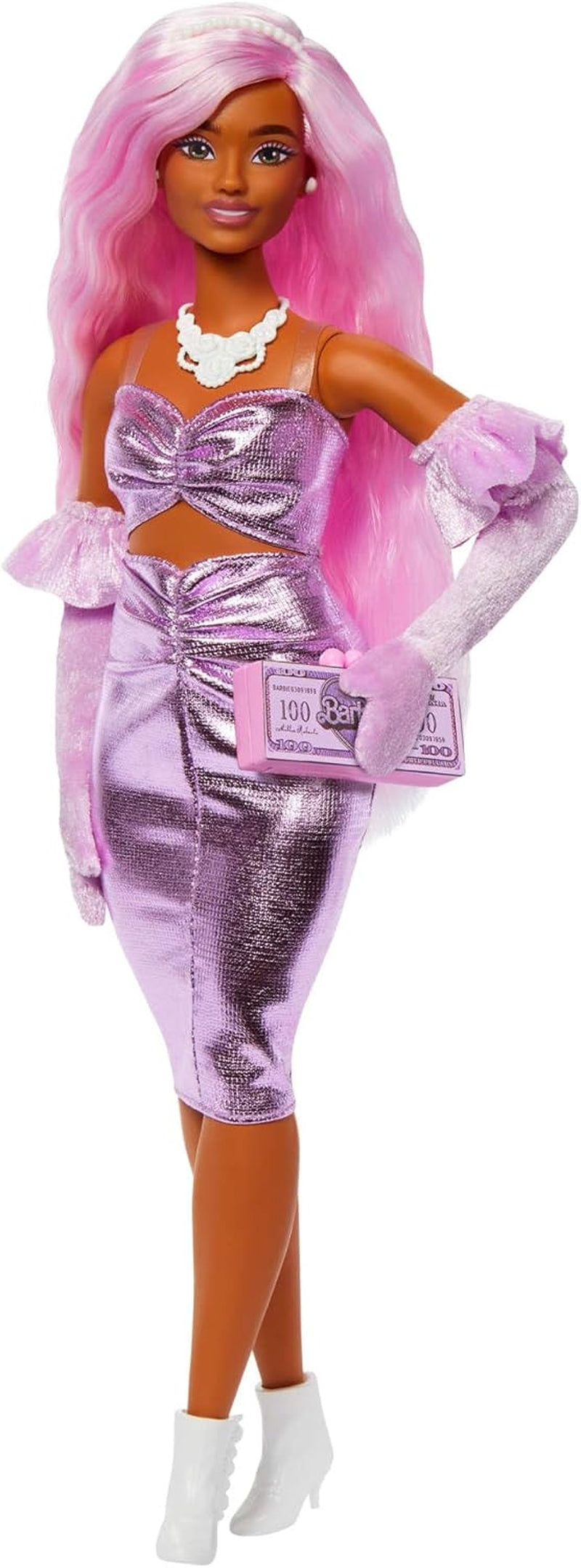 Barbie Deluxe Style-Puppe Nr. 3 mit Barbiecore-Outfit, blonden Haaren in hohem Dutt, pastellrosa Kleid mit überdimensionaler Schleife und Accessoires wie Netzstrumpfhosen, HYV27