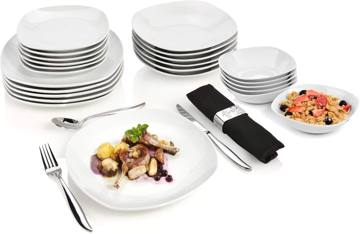 SANGER | Service de table Bilgola blanc, service de table en porcelaine 24 pièces pour 6 personnes, assiettes carrées, assiettes à dîner | LA COLLECTION PREMIUM