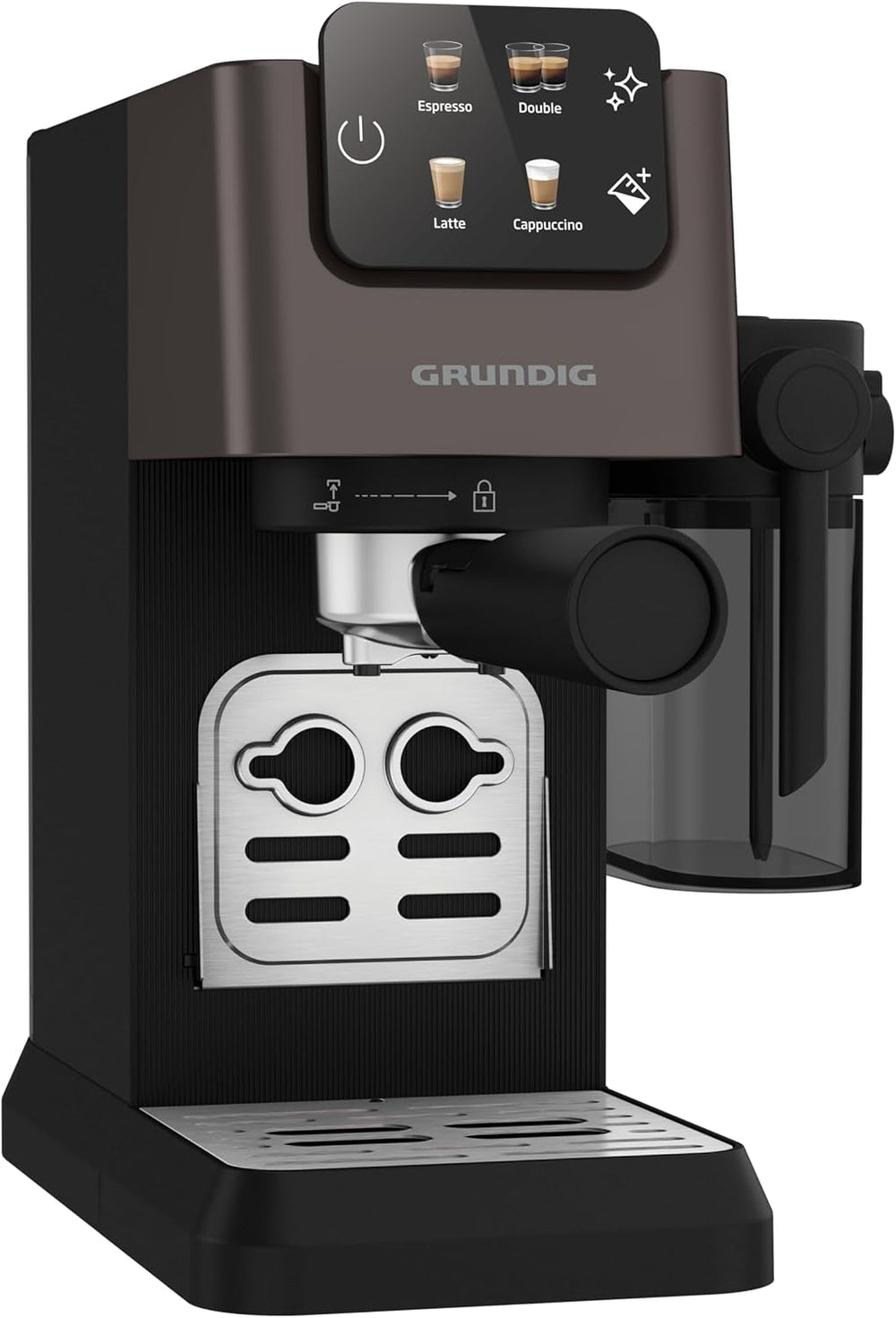 Espressor portafilter GRUNDIG KSM 5330 cu recipient de lapte integrat, putere 1628 W, presiune pompă 15 bar, duză dublă, afișaj tactil color, BrewSense, CreamyPro, Inox închis/Negru