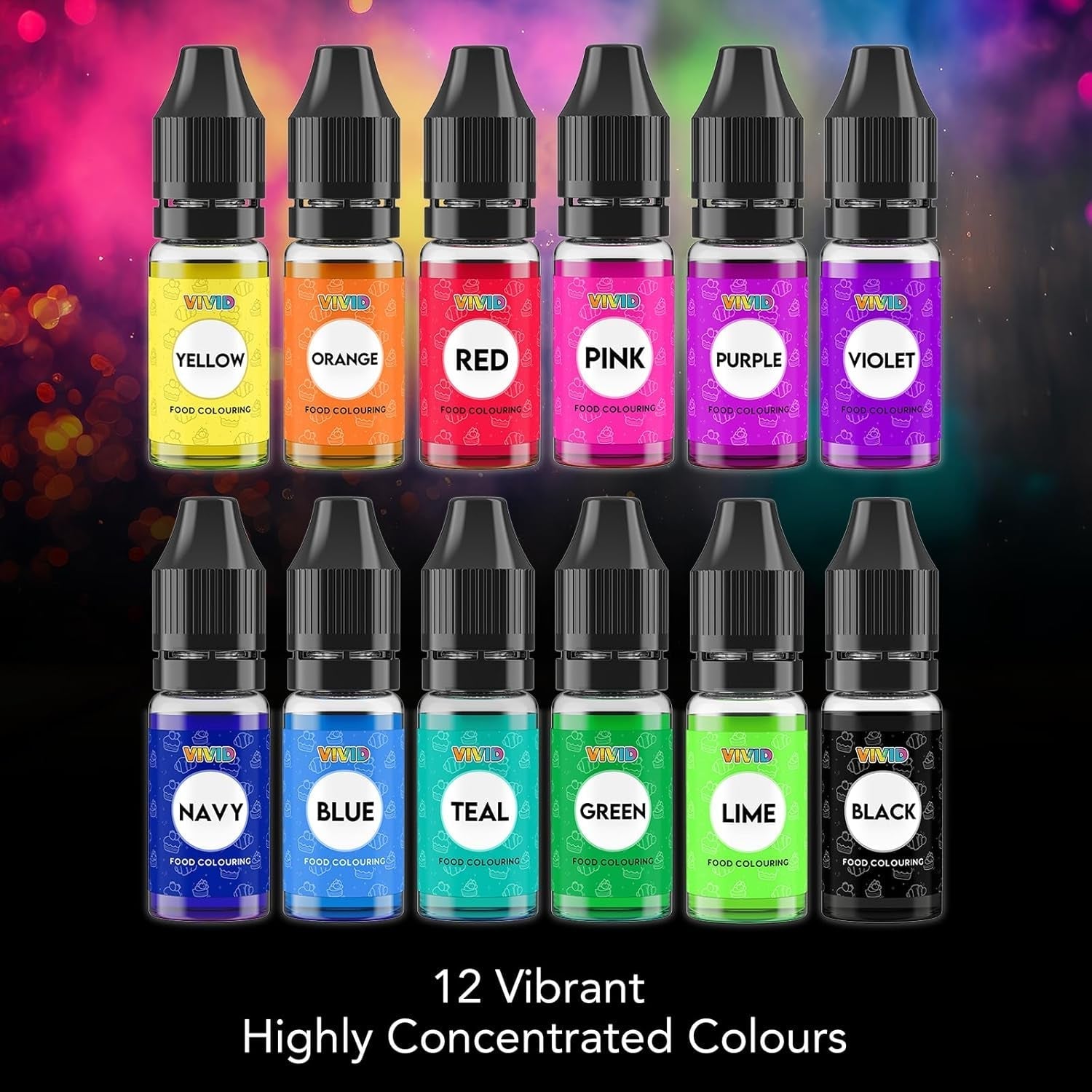 Colorant alimentar VIVID 12 x 10ml - Coloranți alimentari lichizi concentrați comestibili pentru copt torturi, prăjituri, fondant - Culori vibrante pentru decorare și gătit, aerografare, săpunuri DIY