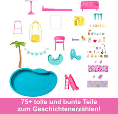 Barbie Dream Villa, casă Barbie cu 3 etaje cu 10 zone de joacă, inclusiv piscină, tobogan, lift, 75 de accesorii pentru păpuși, cățeluș de jucărie, jucărie pentru copii cu vârsta de peste 3 ani, HMX10 Casute de papusi Naty Shop
