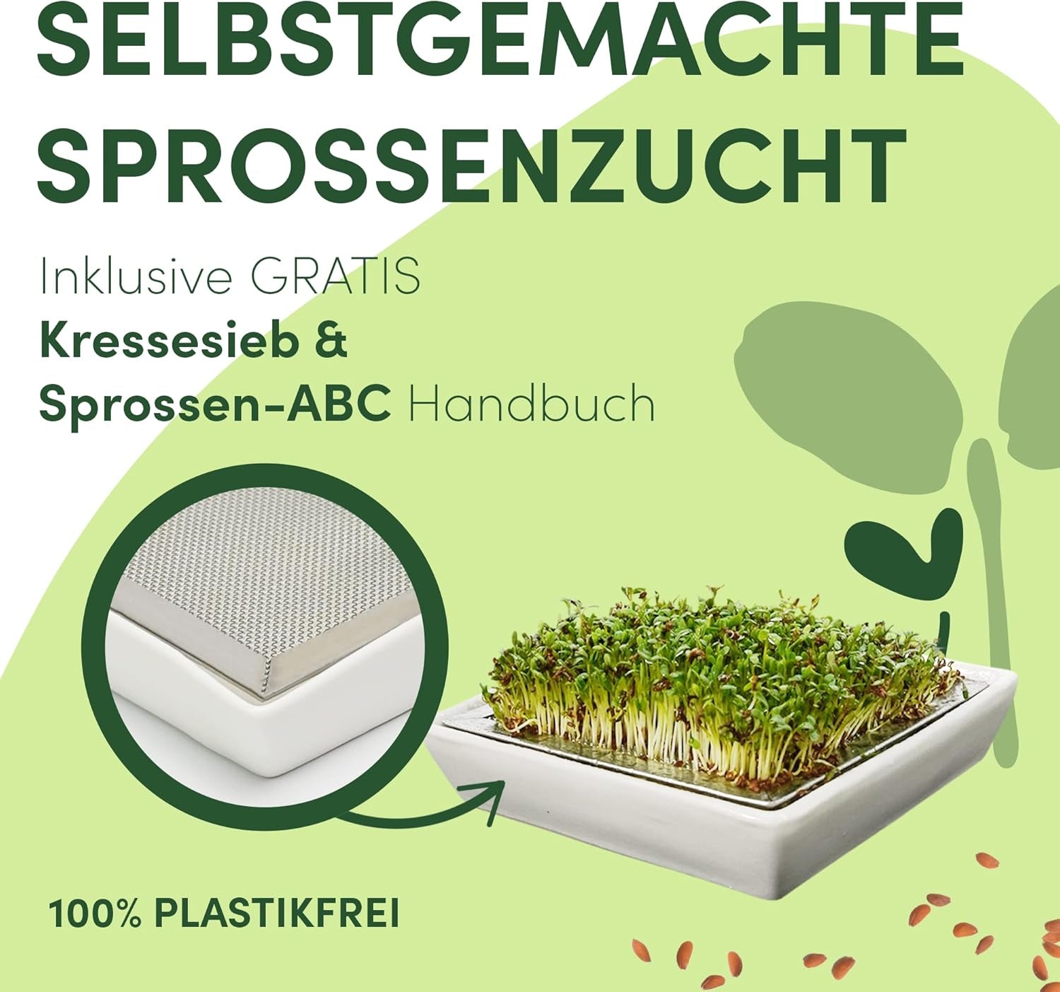 [Coffret de démarrage original avec pot à germer + passoire à cresson | 1000 ml avec support en maille d'acier inoxydable de haute qualité, plateau en céramique + ABC pour la germination [version imprimable] plateau de semis avec pot de germination