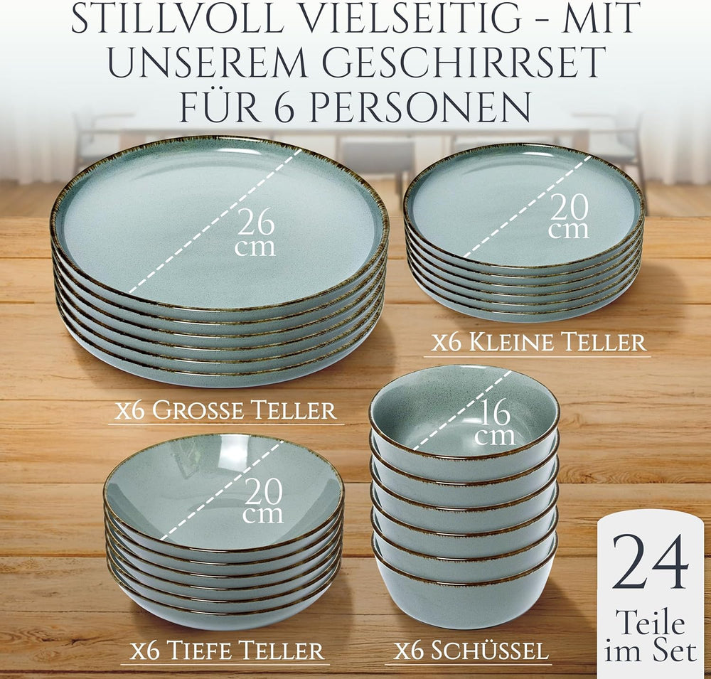 Steingut Geschirrset 6 Personen Rustique 24 tlg. TESTSIEGER, Hochwertiges Landhaussttil Steingut Geschirr Set, Schüssel- und Teller Set, Tafelservice 6 Personen, Geschirrsets Pure Living à Rauchblau