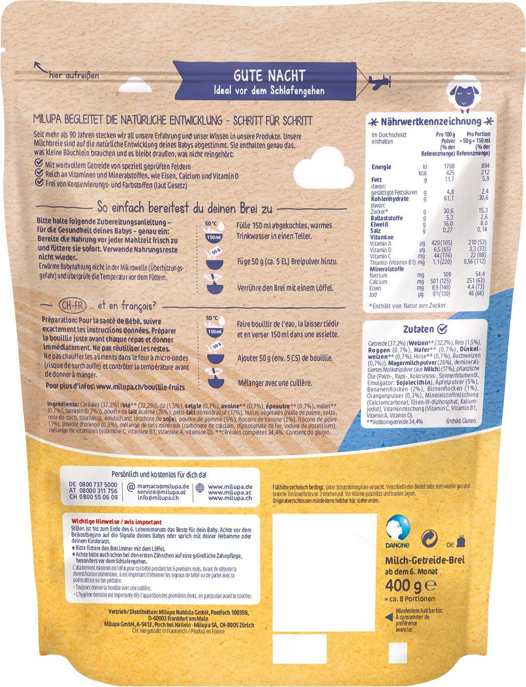 Milupa Milk Porridge Fruits Complets - Porridge pour enfants sans huile de palme, dès 6 mois - 4 X 400 G (pack de 2) Mère et Enfant Naty Shop