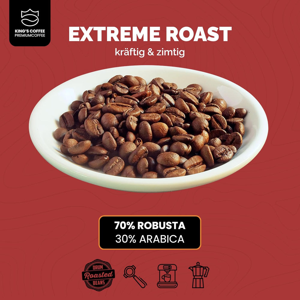 KING'S COFFEE - EXTREME ROAST - Espresso Intenso en grains - très faible acidité - torréfaction en petits lots d'Italie - grains de café pour machines entièrement automatiques et machines à porte-filtre - 1 kg