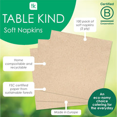 Type de table | Lot de 100 serviettes en papier recyclé souple marron, jetables, pour fête, adaptées à un usage quotidien, kraft écologique, non blanchi, compostables, fabriquées dans l'UE, 2 épaisseurs, 33 cm