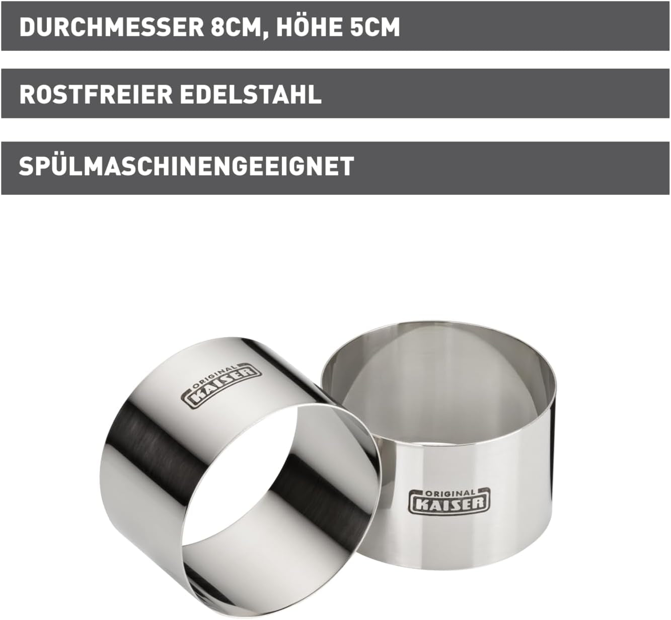 Original Kaiser Inspiration Lot de 2 bagues à dessert en acier inoxydable de 8 cm pour une présentation attrayante, passe au lave-vaisselle, argent