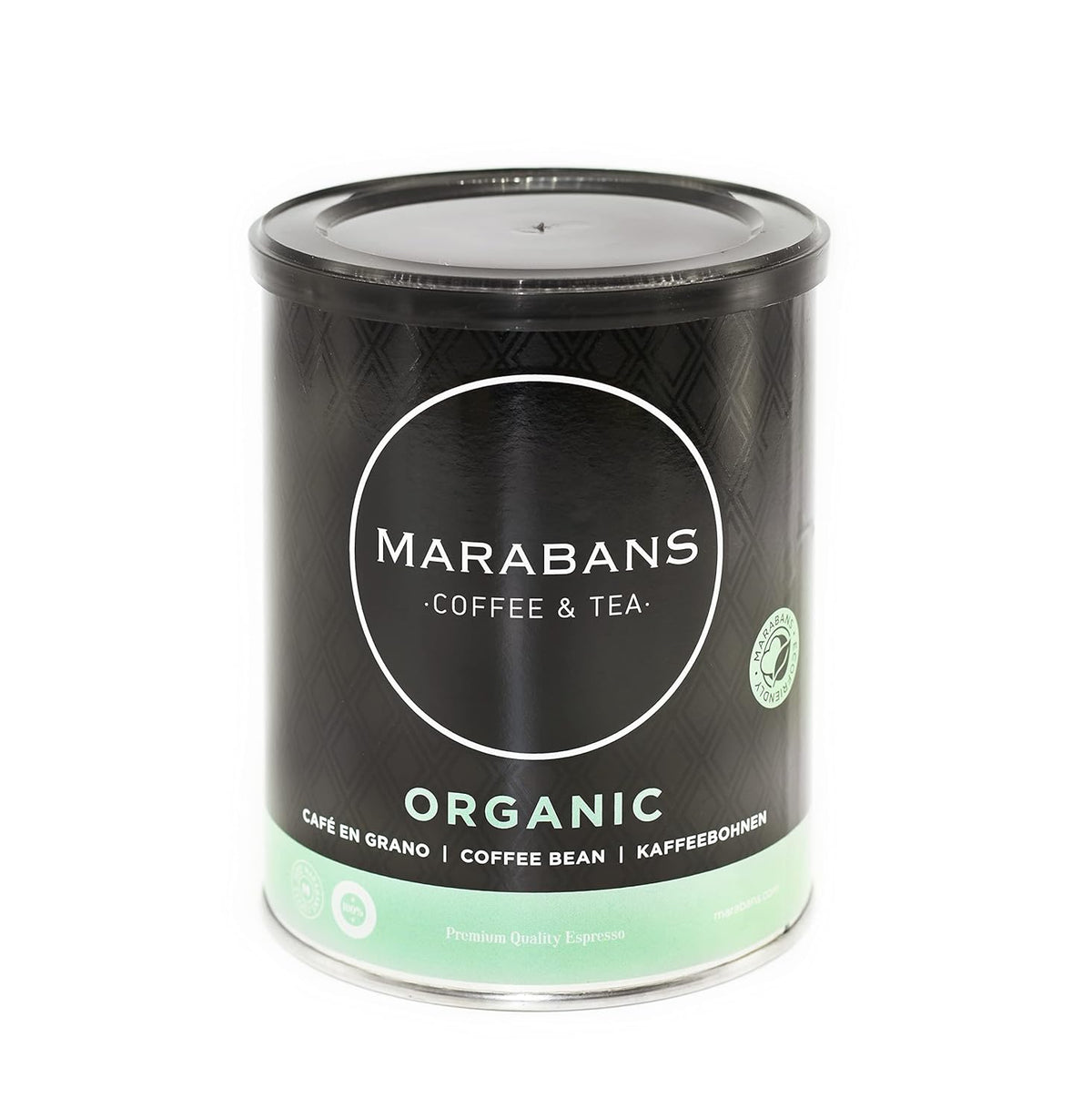 Café en grains bio Marabans. Boîte de 250 g. ORIGINE : Honduras. Café 100% torréfié naturellement.