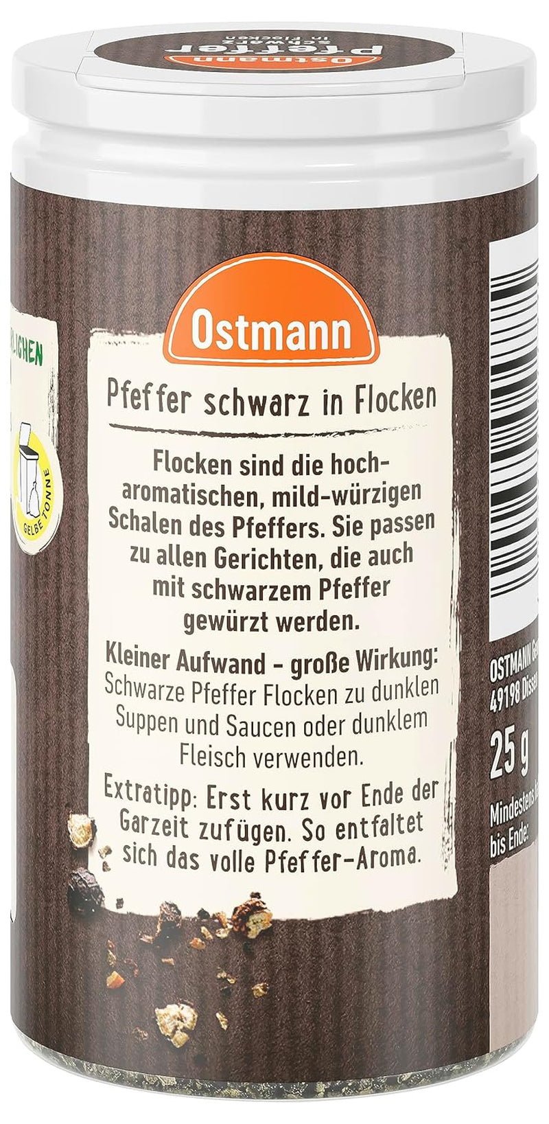 Ostmann Gewürze - Schwarze Pfefferflocken | Grober Pfeffer pour Gesmack à noir intense | Mit praktischem Streuaufsatz | 25 g dans Der Streudose