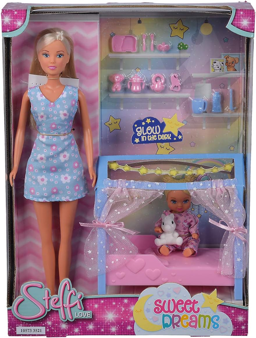 Simba Steffi Love Sweet Dreams / Puppe mit süßem Baby und Kinderbett / mit Glow in the Dark Funktion / 12 Teile / 29cm / Für Kinder ab 3 Jahren