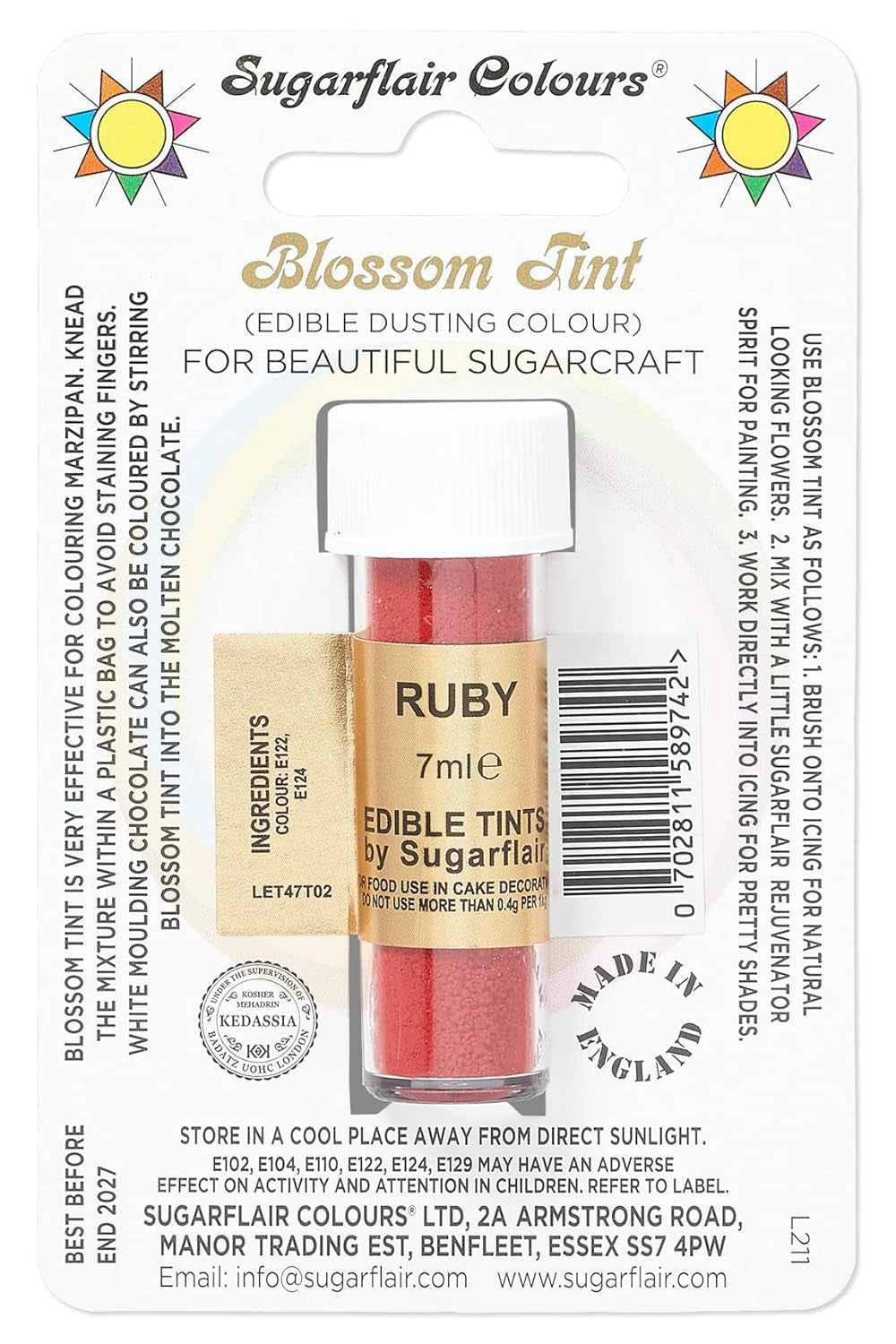 Colorant alimentar pudră Sugarflair Blossom Tint Dusting Ruby - Pudră de colorant alimentar pentru decorarea pastei de zahăr colorate, fondantului, glazurii, ciocolatei, cremei de unt, macaroanelor - 7 ml