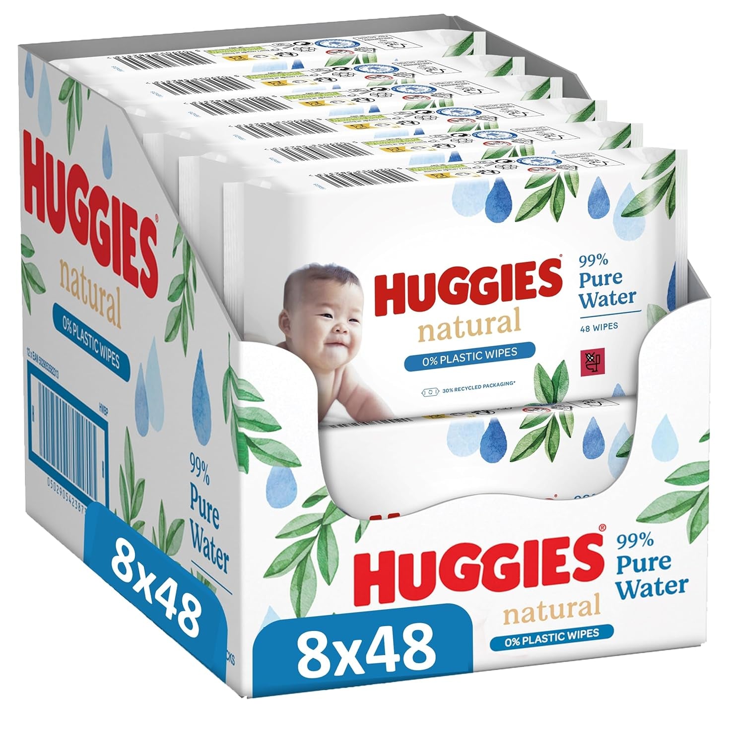 Lingettes humides Huggies naturellement biodégradables pour bébés sensibles, 8 x 48 lingettes, paquet en vrac