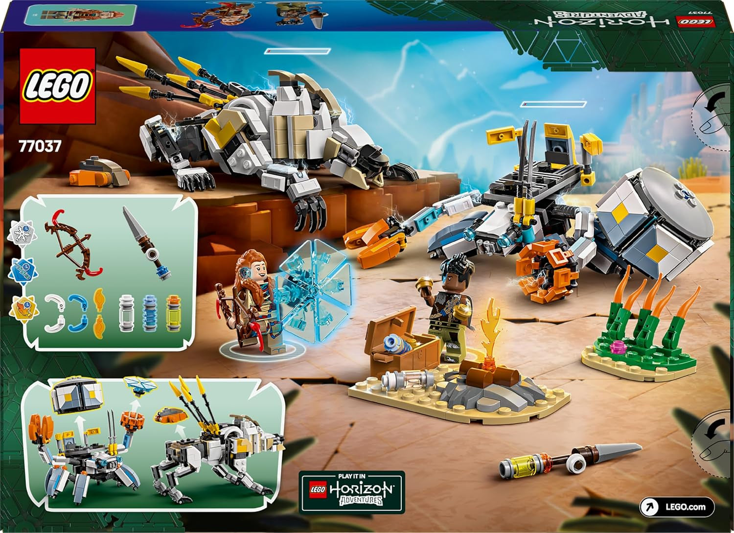 LEGO Horizon Adventures Aloy und Varl vs. Panzerwanderer und Sägezahn, Spielzeug mit Monstermaschinen und Minifiguren, Spielset zum Sammeln für Fans vom Videospiel, Jungen & Mädchen ab 9 Jahren 77037