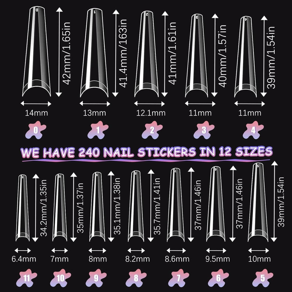 Unghii artificiale extra lungi și transparente, 240 bucăți unghii false, acoperire pe jumătate, unghii artificiale pătrate și drepte, extensii de unghii franceze pentru saloane de unghii și artă pentru unghii DIY