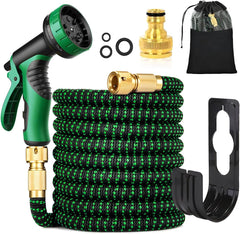 Tuyau d'arrosage flexible vert de 30 m/100 pieds avec buse de pulvérisation et connecteurs en laiton de 3/4" et 1/2" 10 fonctions Tuyau d'eau extensible 3 fois extensible sans pli pour sol de jardin, terrasse, voiture