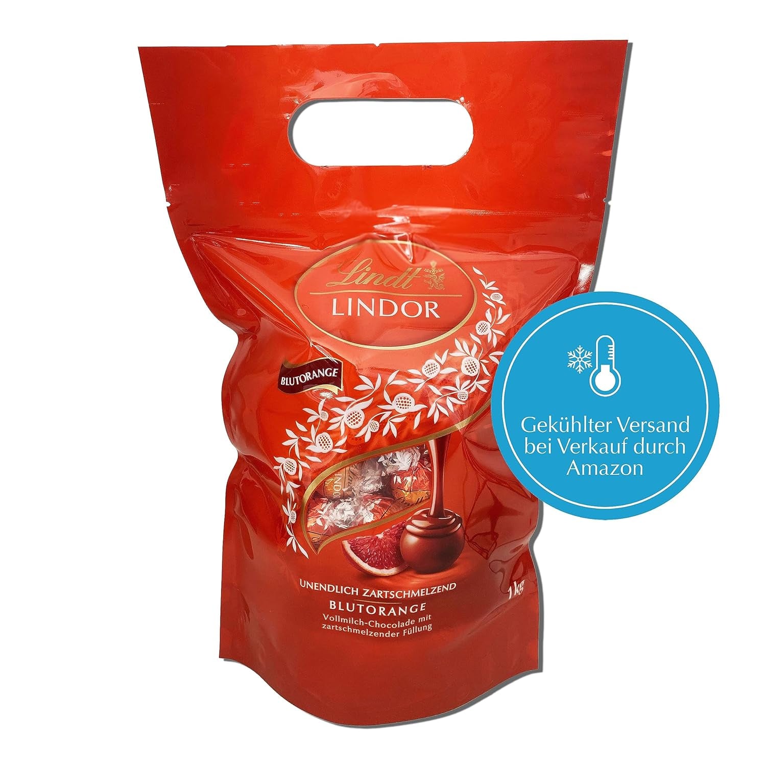 Lindt LINDOR Boules de chocolat rouge orange | Sac refermable de 1 kg | env. 80 bonbons au chocolat fourrés fondants | Colis en vrac, cadeau chocolat