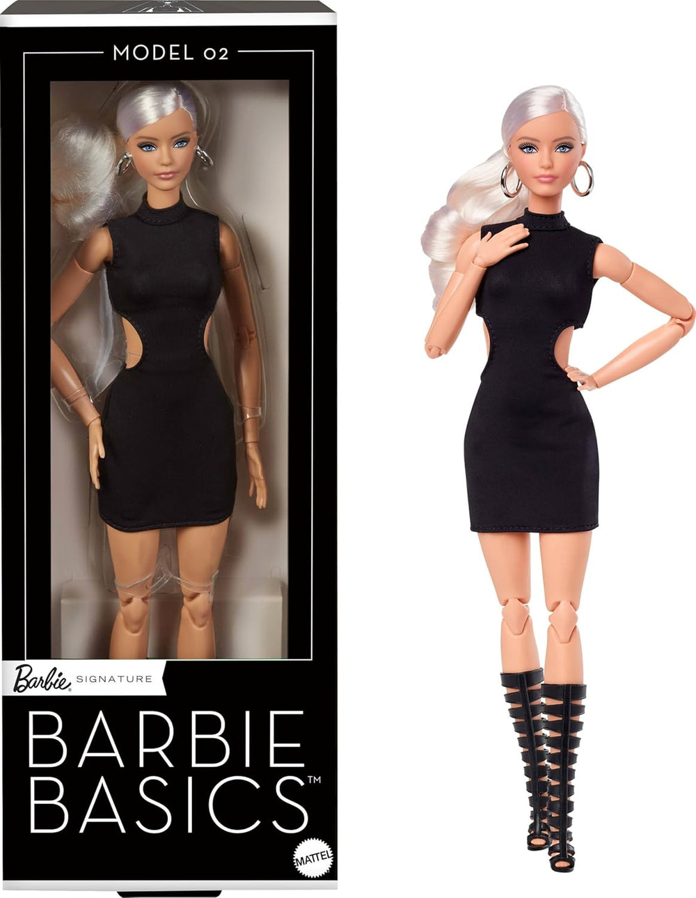 Barbie Basics - Poupée de collection modèle 2 avec cheveux blonds, mini robe noire et bottes de gladiateur, taille unique, corps articulé et tête interchangeable, JBH71