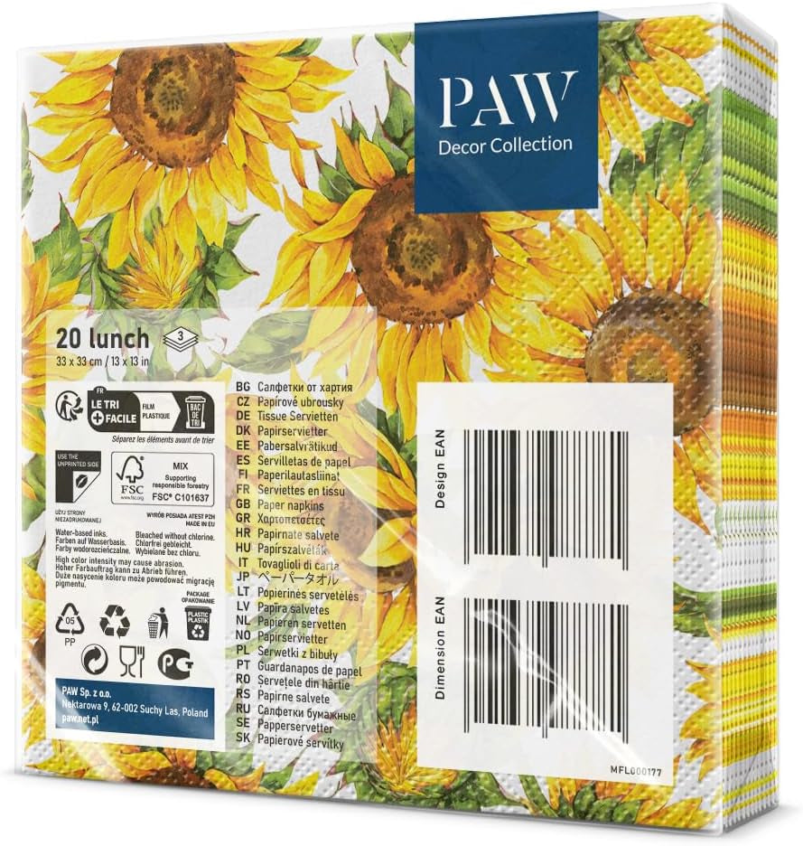 PAW - Serviettes 3 épaisseurs (33 X 33 cm) I 20 pièces I Parfaites pour les anniversaires, fêtes, rendez-vous I Décorations de table d'automne I Serviettes en papier colorées - Pétales jaunes de tournesol I Tournesol dansant