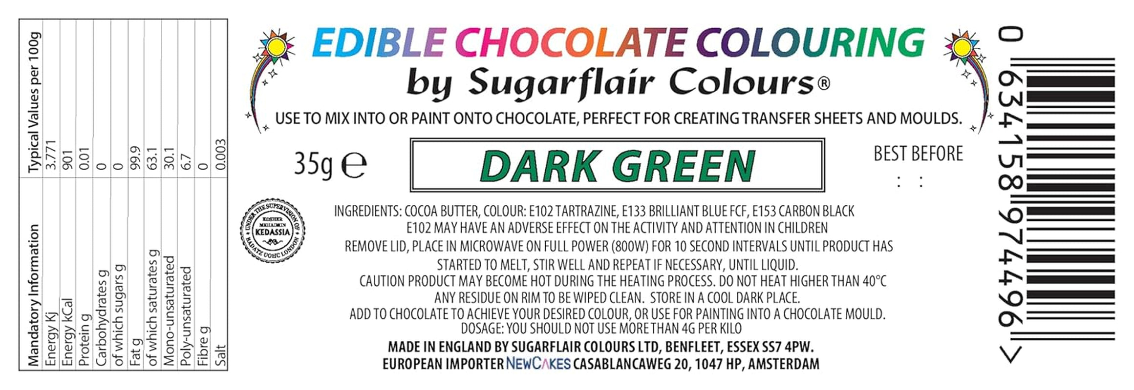 Colorant alimentar Sugarflair Chocolate Colorant alimentar pentru ciocolată verde închis - Unt de cacao organic colorat, colorant ciocolată pentru colorarea ciocolatei, praline - 35g