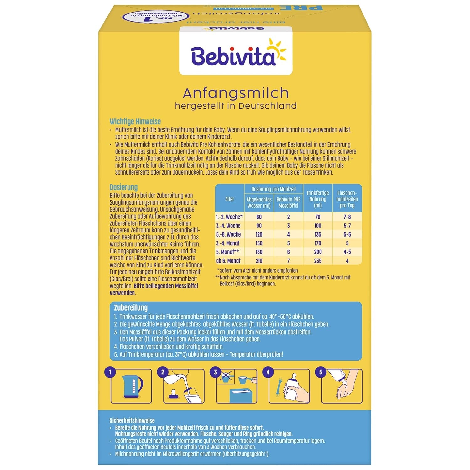 Le lait en poudre PRE (5 x 500 g), dès la naissance, contient uniquement du lactose comme glucide, adapté à l'alimentation complémentaire