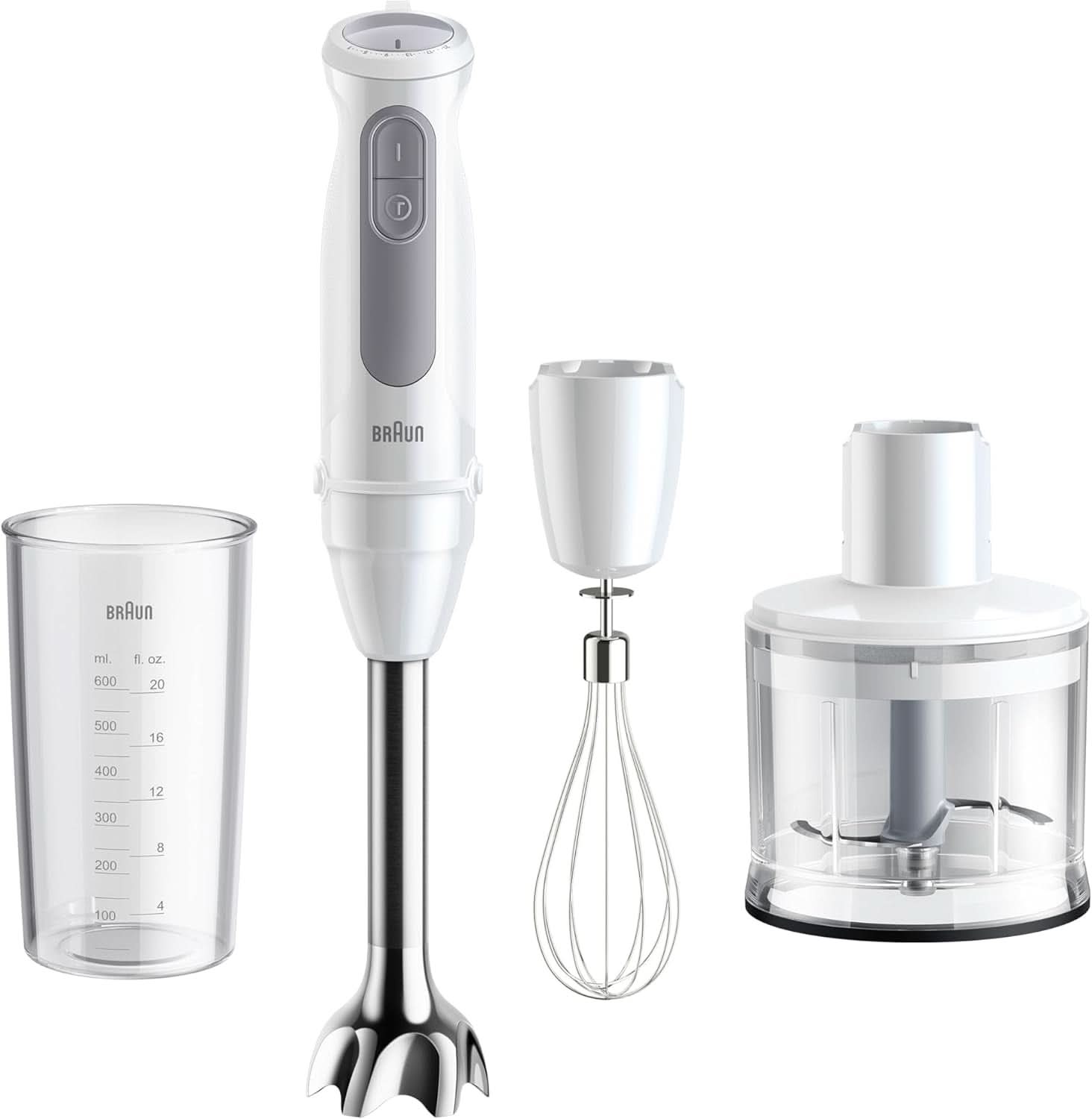 Braun Stabmixer MQ 5200WH - Multiquick 5 Vario Pürierstab Mit Edelstahl Mixfuß, 1000 Watt, Inkl. 600 Ml Mix- & Messbecher, Weiß/Grau Kitchen Naty Shop Version 2024 - Schneebesen