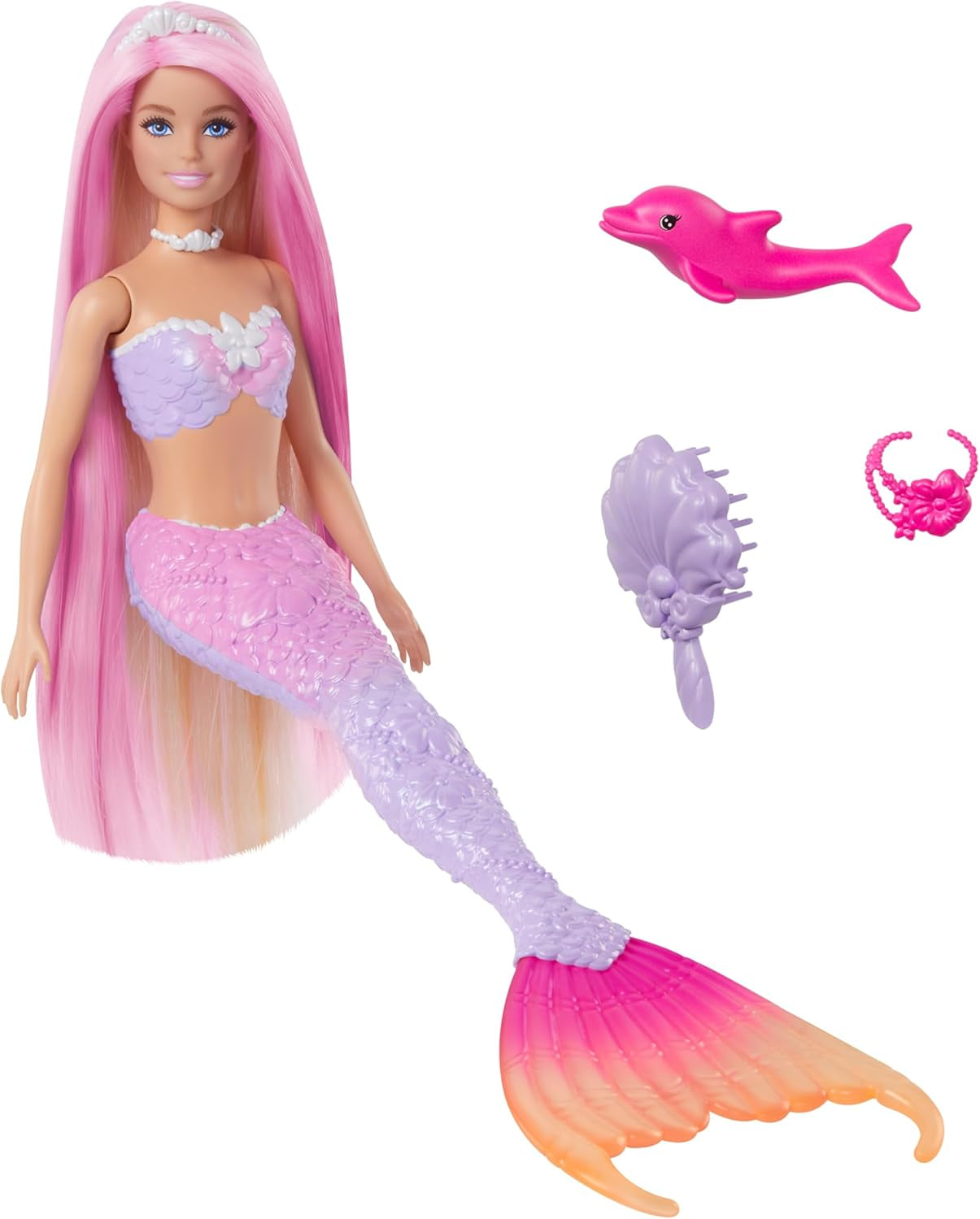 Poupée Sirène BARBIE - Inspirée de la série télévisée "Barbie : Hidden Magic" avec effet de changement de couleur et accessoires, cheveux roses de 19 cm de long à coiffer, pour les enfants à partir de 3 ans, HRP97