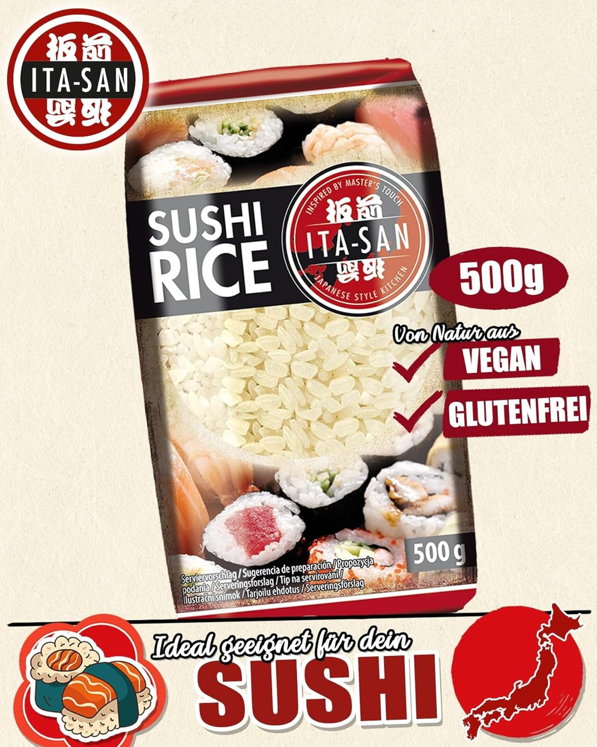 ITA-SAN Riz à sushi, grains ronds, qualité supérieure, variété 100 % pure, préparation rapide et facile, végétalien, halal, sans gluten (1 x 500 g)