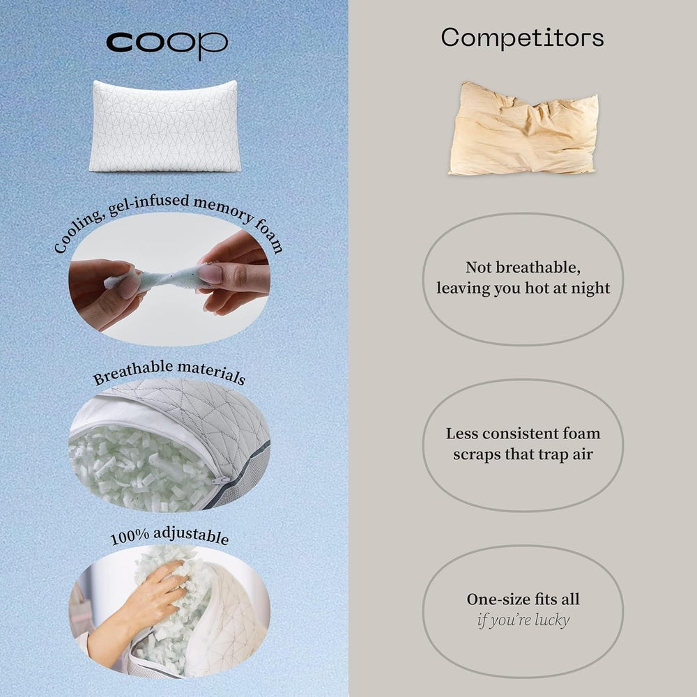 Coop Home Goods Eden Cool Oreiller réglable King Size Mousse à mémoire de forme infusée de gel Tissu Lulltra doux et respirant Idéal pour tous les dormeurs Respectueux de l'environnement Naty Shop Oreillers standards