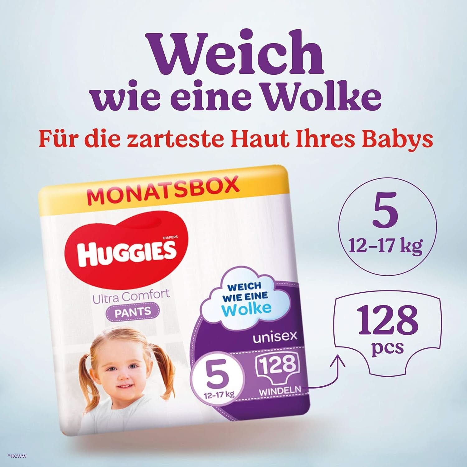 Pantalon Huggies Ultra Comfort, taille 5, 12-17 kg, Pour les enfants actifs, Avec indicateur d'humidité et technologie de ceinture nuageuse, 128 couches Mère et Enfant Naty Shop