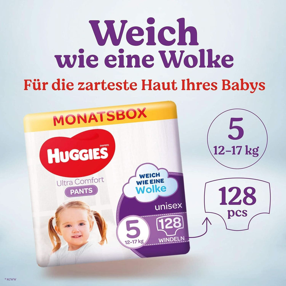 Pantalon Huggies Ultra Comfort, taille 5, 12-17 kg, Pour les enfants actifs, Avec indicateur d'humidité et technologie de ceinture nuageuse, 128 couches Mère et Enfant Naty Shop
