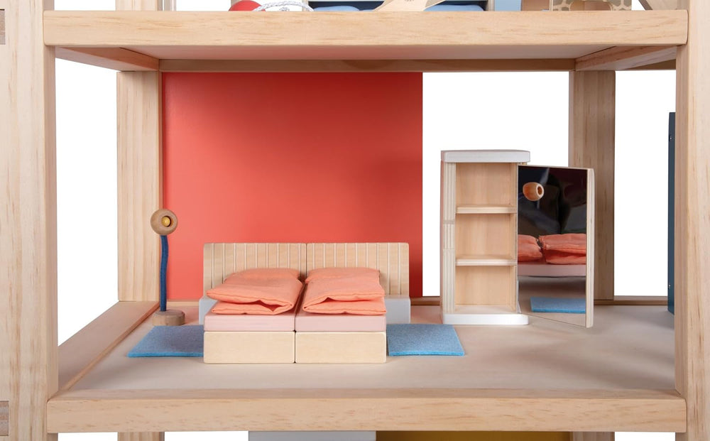 Maison de poupée en bois de couleur naturelle Small Foot - 3 étages avec toit-terrasse et ensemble de meubles de 51 pièces encourage le jeu créatif, convient aux enfants de 3 ans et plus 12541 Naty Shop Maisons de poupées