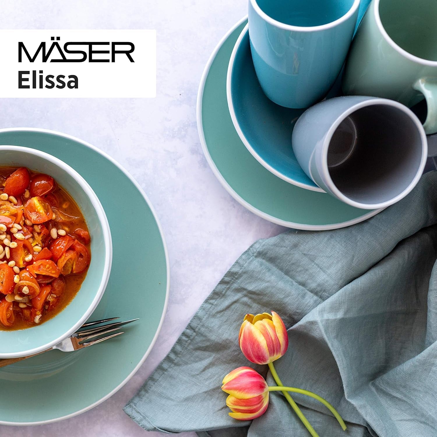 MÄSER 931844 Elissa - Service de table moderne pour 6 personnes, bleu avec bord blanc, ensemble combiné de 24 pièces, céramique