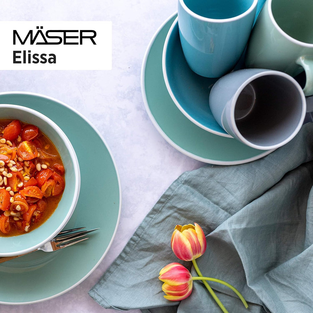 MÄSER 931844 Elissa - Service de table moderne pour 6 personnes, bleu avec bord blanc, ensemble combiné de 24 pièces, céramique