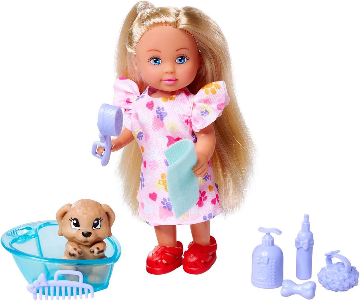 Simba Evi Love Dog Bath, Spielpuppe mit Hund, der Schmutz an seinen Pfoten hat, inkl. Badewanne und Handtuch, 8 Teile, Zubehör, 12cm, ab 3 Jahren