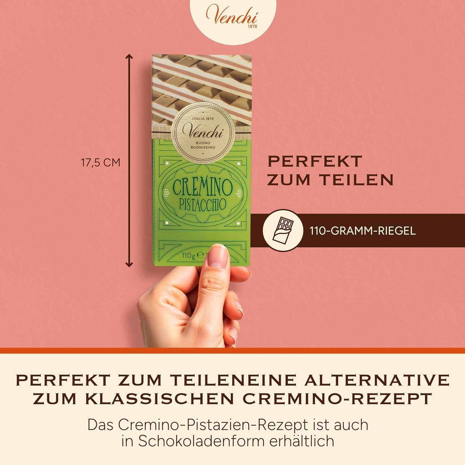 Venchi - Cremino Pistachio Bar, 110g, barre de chocolat au lait et blanc avec pâte de pistache, recette en trois couches aux saveurs méditerranéennes, sans gluten, sans colorants artificiels