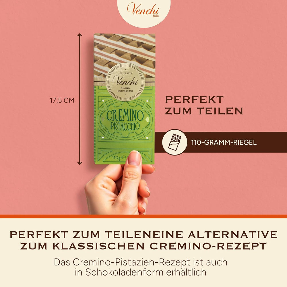 Venchi - Cremino Pistachio Bar, 110g, barre de chocolat au lait et blanc avec pâte de pistache, recette en trois couches aux saveurs méditerranéennes, sans gluten, sans colorants artificiels