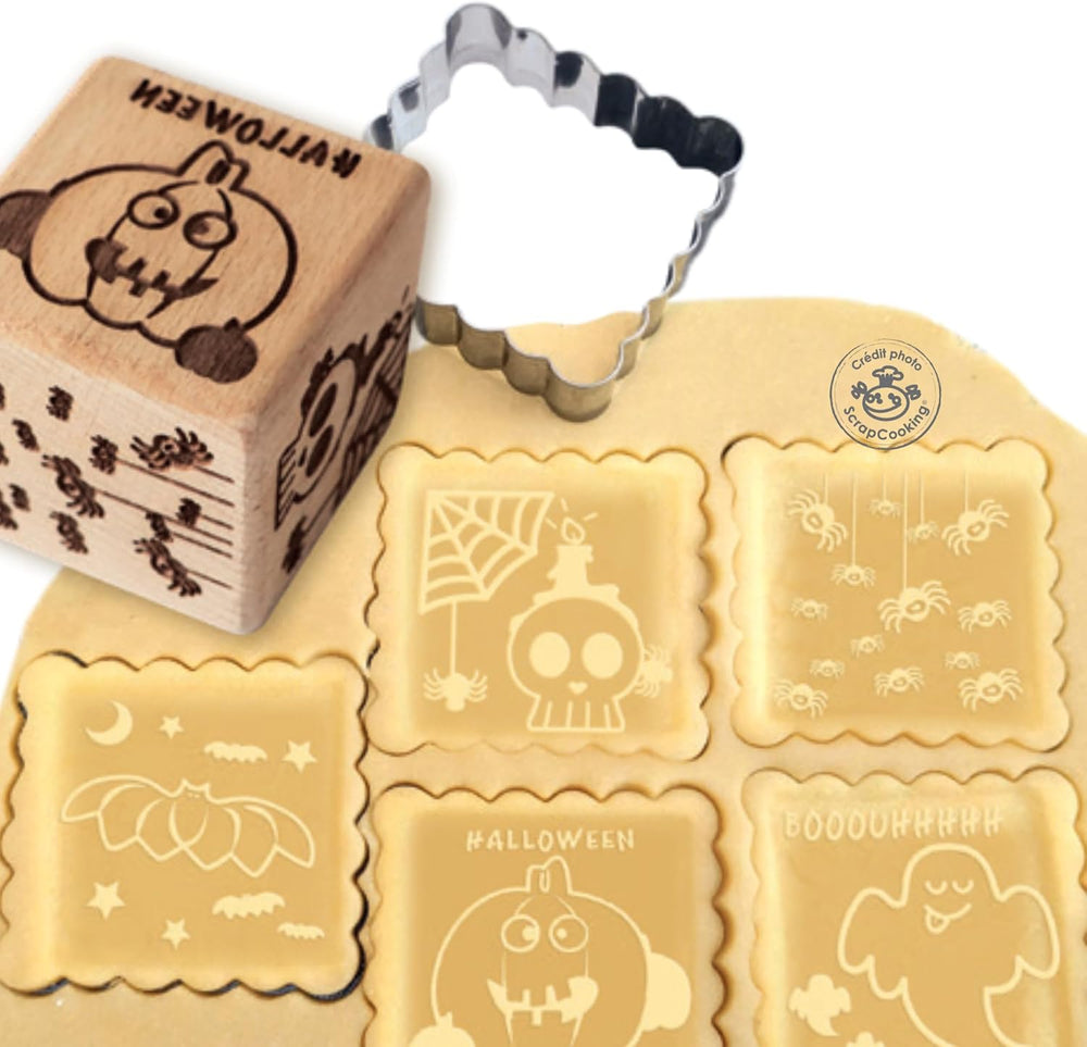 ScrapCooking - Tampon à pâtisserie en bois Halloween Designs - avec 1 forme de biscuit et cube en relief à 5 faces - 5298
