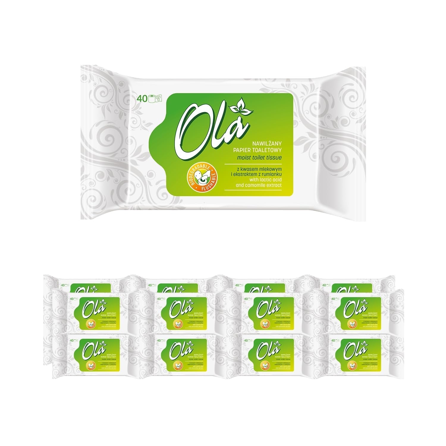 Papier toilette humide OLA - (1X40 pièces) Lingettes humides - extrait de camomille et acide lactique, lavables, peaux sensibles - 40 pièces