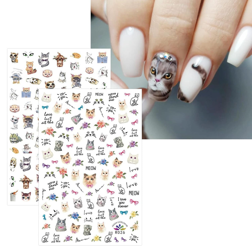 JMEOWIO Nagelsticker Tierische 8 Blatt Nail Art Sticker Selbstklebend Nagelaufkleber Katze Niedlich Dekoration Nageldesign Zubehör