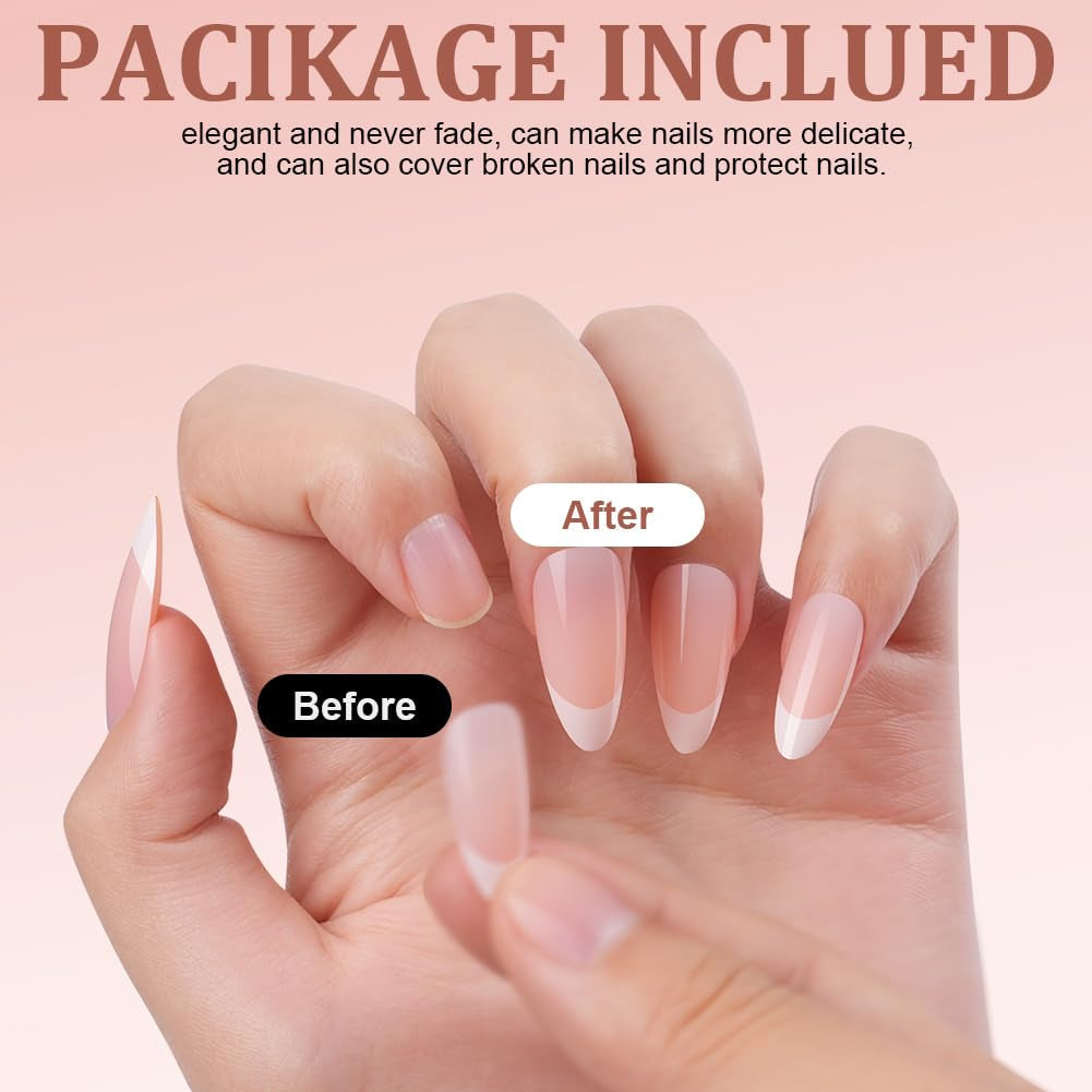 Lot de 240 faux ongles à pression française, 12 tailles, faux ongles avec colle pour femmes et hommes (blanc nu amande moyenne)