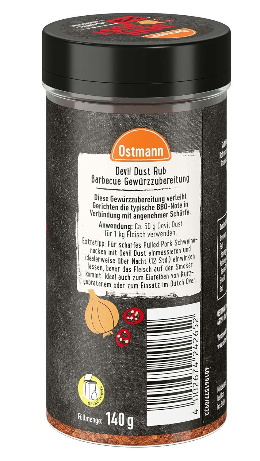 Ostmann Gewürze - Poussière du Diable | BBQ Rub Gewürzzubereitung | Scharfe Trockenmarinade pour viande de grillade | 140 g en Streuer