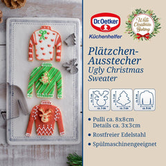 Dr. Oetker Lot de 3 emporte-pièces en forme de pull de Noël laid - Emporte-pièces, blanc, Noël, cuit - Emporte-pièces en acier inoxydable pour Noël