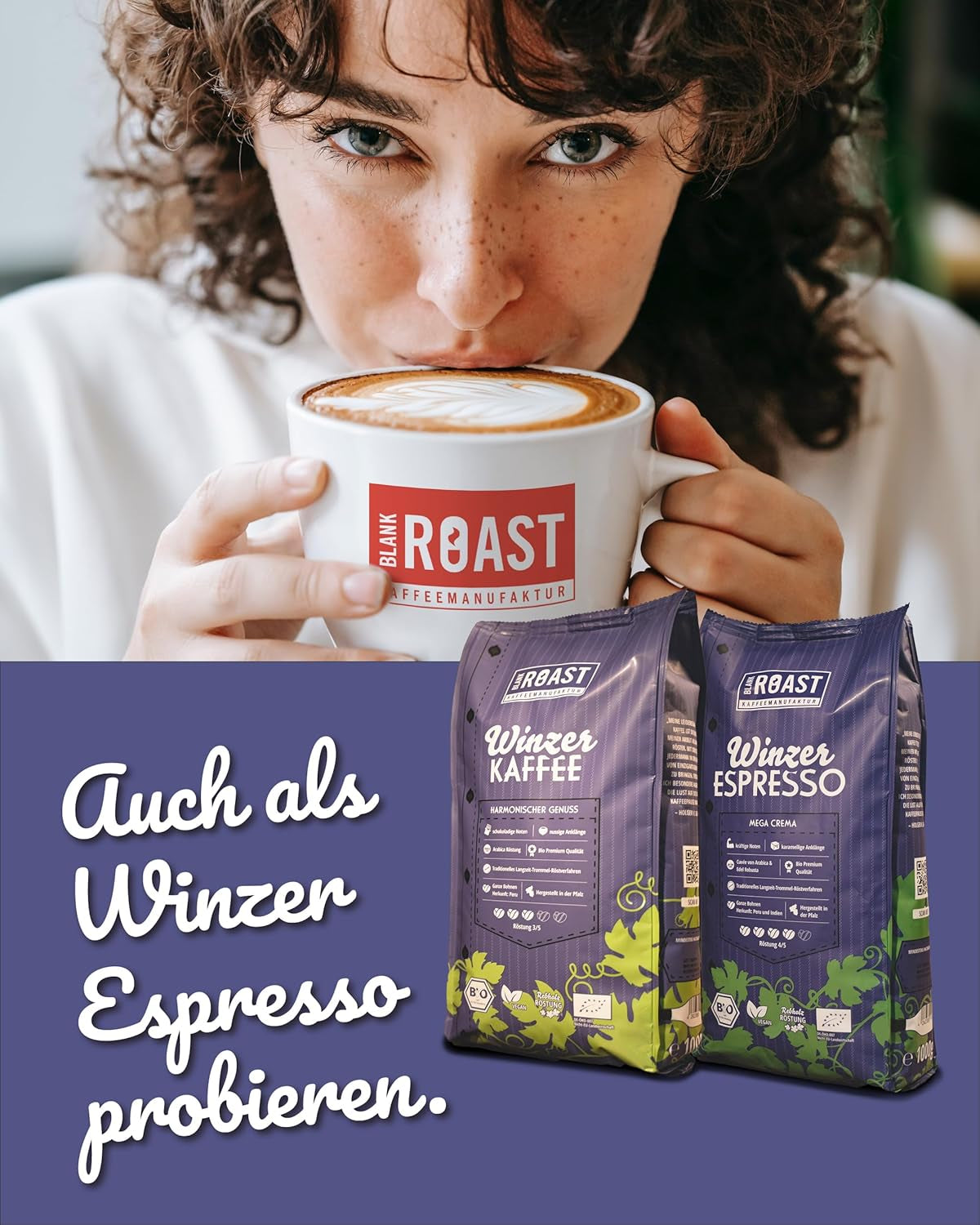 Blank Roast - BIO Winzer Kaffee 1000g - schonend mit Pfälzer Rebholz geröstet - ganze Kaffee-Bohnen au Pérou - 100% Arabica Röstung - schokoladig & nutig - säurearm