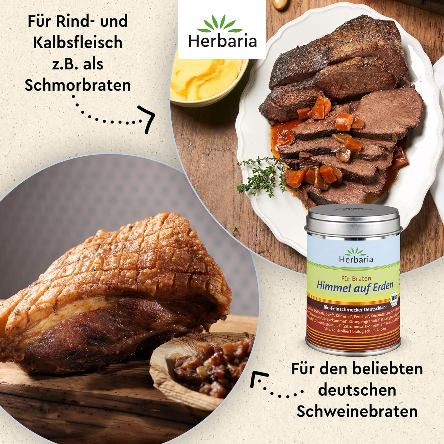 Herbaria Himmel auf Erden bio 100g M-Dose – Fertiges Bio-Gewürzsalz für Rind-, Kalb- und Schweinefleisch als Braten or Kurzgebratenes – in nachhaltiger Aromaschutz-Dose