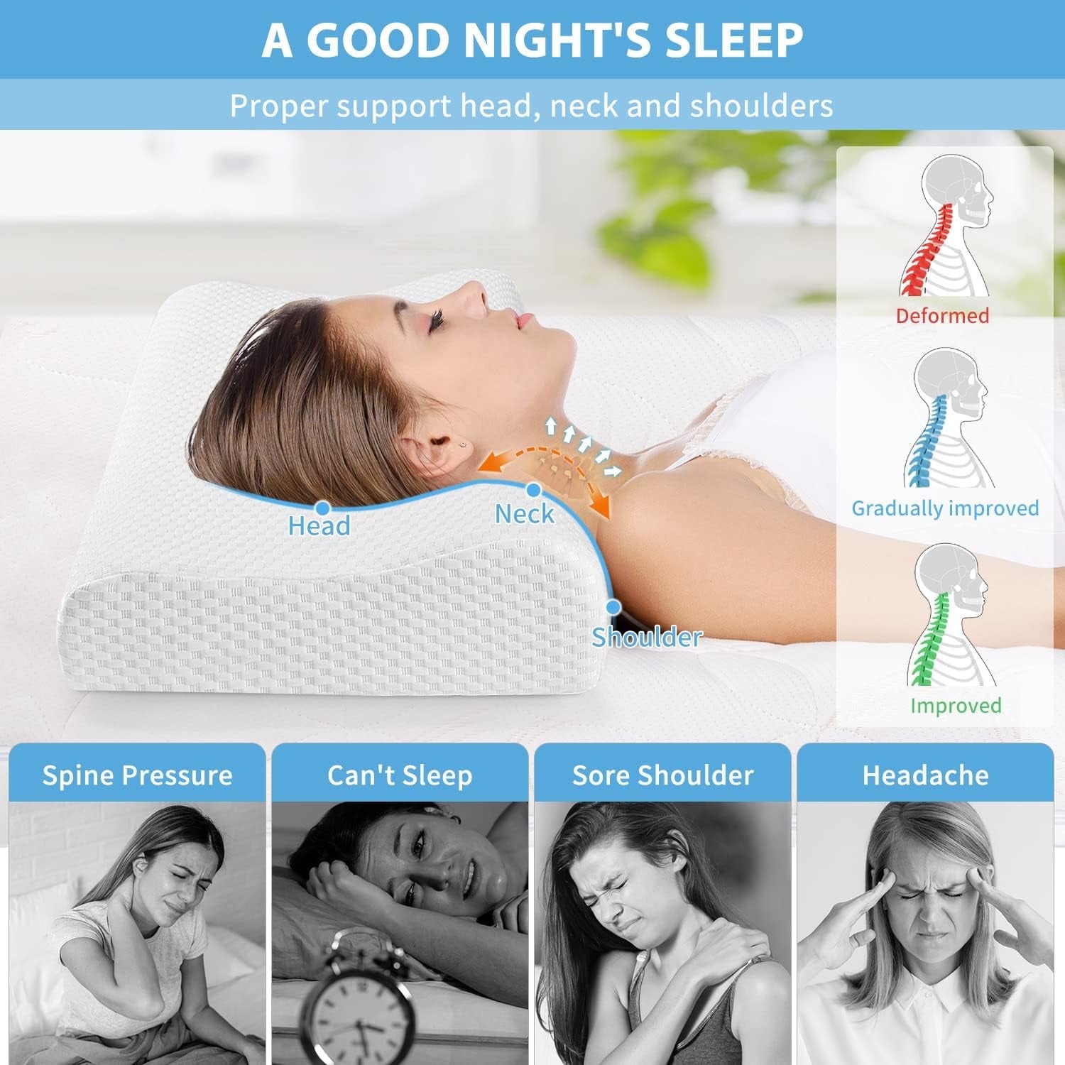 Findigit Health Pillow, Oreiller en mousse à mémoire de forme, Oreiller orthopédique de soutien du cou pour dormeurs sur le côté et sur le dos, Oreiller ergonomique pour la colonne cervicale (60 X 35 X 11/9 cm) Oreillers orthopédiques cervicaux Naty Shop