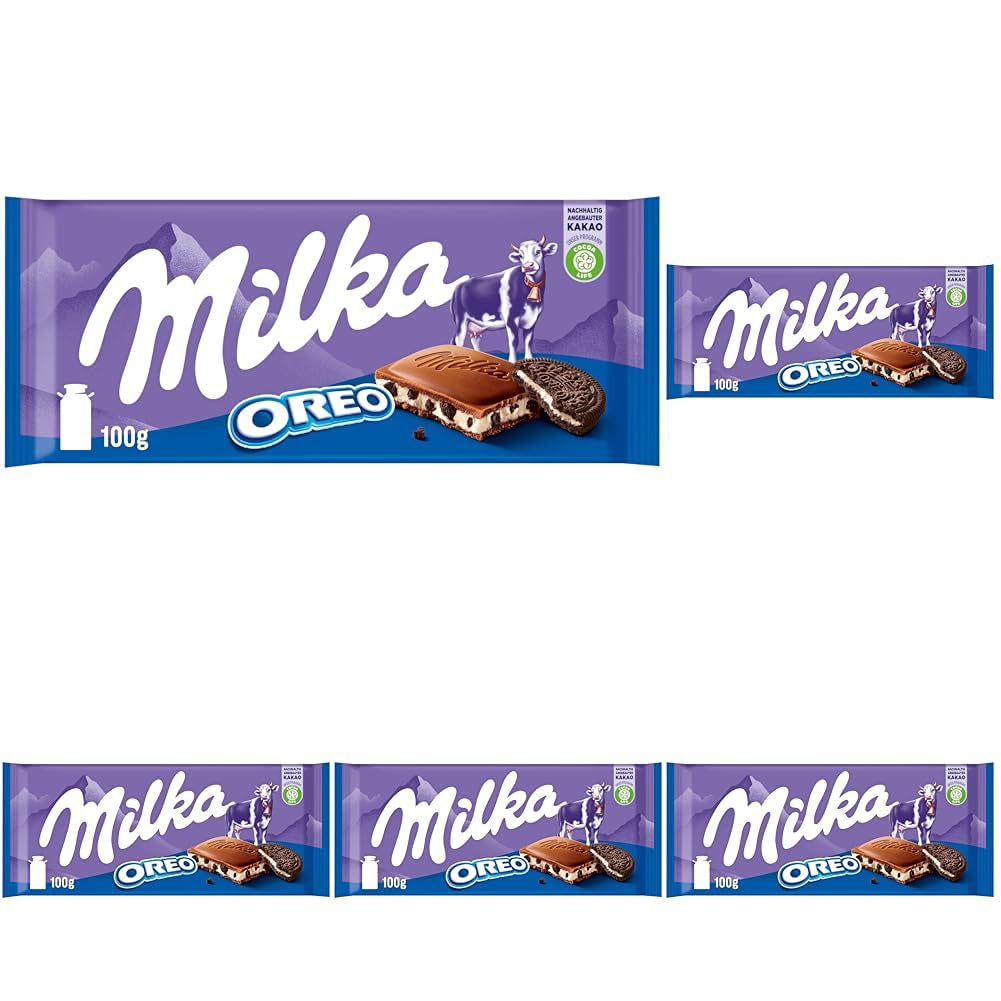 Milka Oreo – Chocolat au lait alpin fourré de morceaux croquants de biscuits Oreo et de crème onctueuse à la vanille – 100g