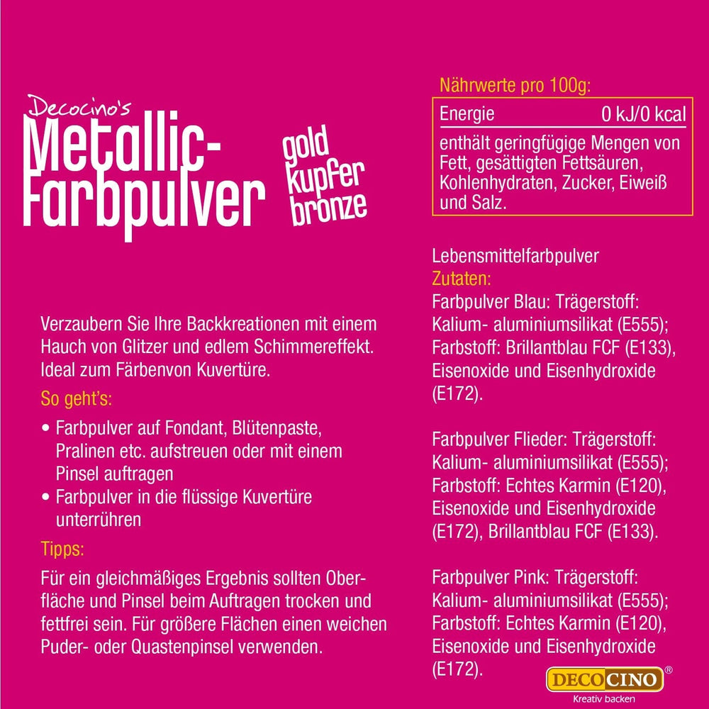 Poudre colorante pastel métallique DECOCINO (3X2G) – Bleu, Lilas et Rose – Poudre colorante alimentaire – Poudre pailletée adaptée pour fondant comme décoration de gâteaux et décoration de gâteaux !