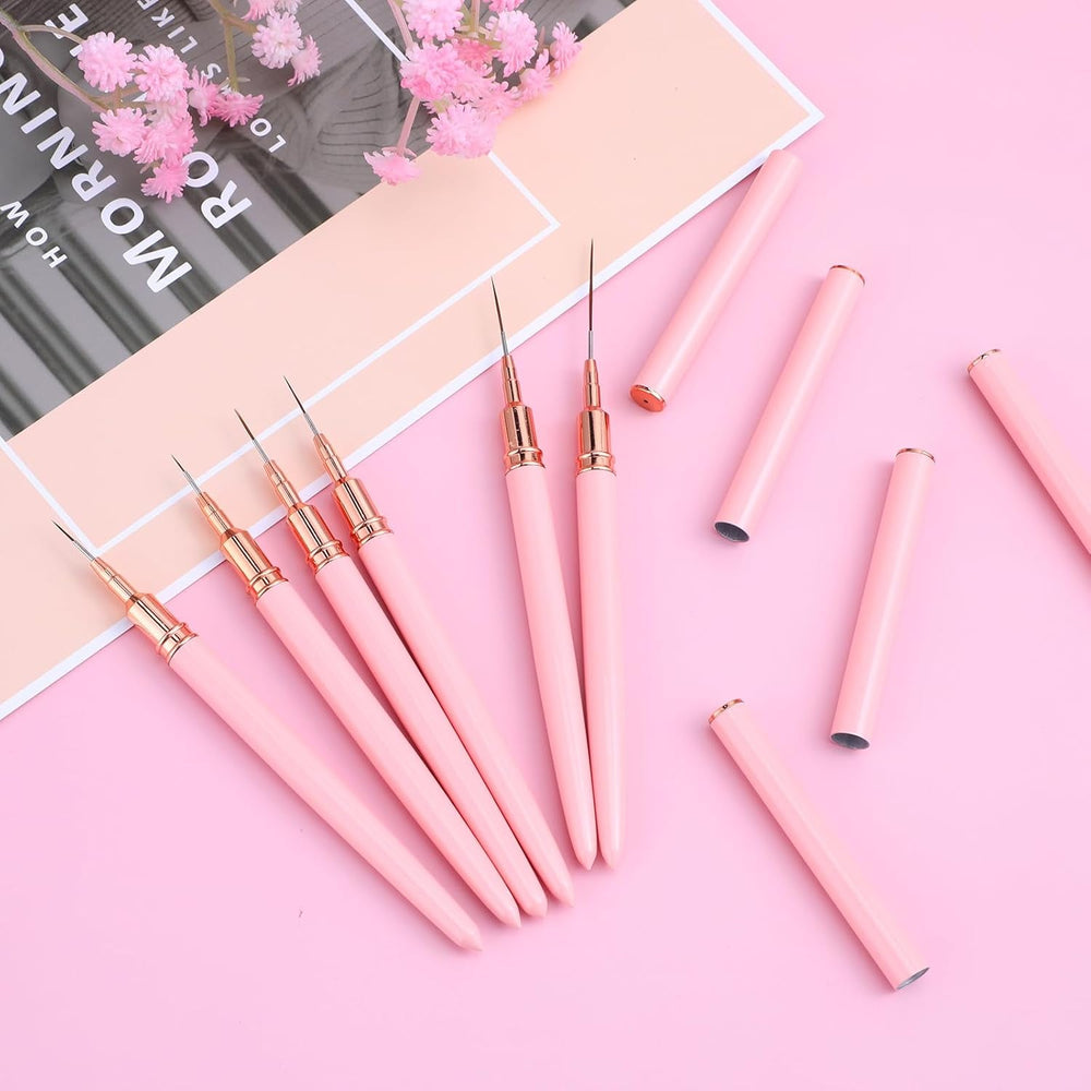 6 pièces Liner Nailart Pinsel Nageldesign Pinsel Set Dünn Acryl Nagelpunkt-Zeichenwerkzeug Nägel Dünne Nagelpinsel Set pour Lange Linien, Dünne Détails, Fines Zichnen 5/7/9/11/15/25 Mm (Rose)